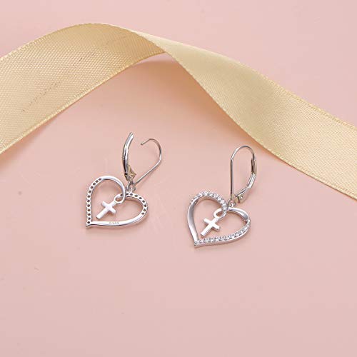 S925 Sterling Silver Heart Cross Faith Dangle Drop Leverback Earrings For Women #TOP2