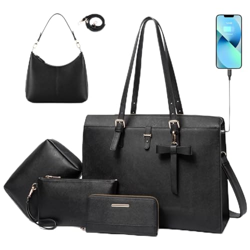 Keyli 4pcs Laptop Bag for Women 15.6 inch and Shoulder Bag Soft Waterproof Leather Handbags Laptop Purse with USB Charging Port