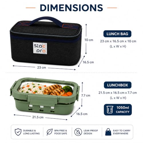 Image of 1 Large Lunch Box Combo with Insulated Lunch Bag | Leakproof Borosilicate Tiffin Container with Silicon Gasket and Sleeves | Perfect for Office Lunch, School & Travel (Forest Green)