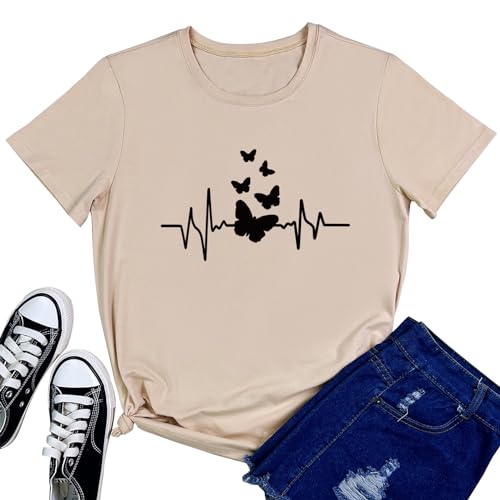 BLACKMYTH Women Graphic Tees Crew Neck Casual Clothes Apricot Large