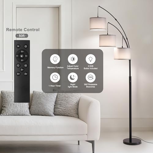 Image of Floor lamp with Remote, 3 Light Arc Floor Lamps for Living Room, 2400LM Tall Standing Floor Lamps with Gray Shades, 80 inch Large Floor Lamp for Bedroom, Office