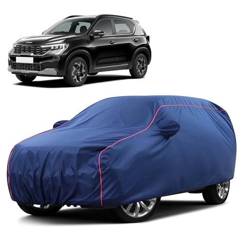 Image of Sulfar 100% Water Resistant Car Body Cover Compatible with Mirror for Kia Sonet (Triple Stitched, Full Bottom Elastic, Blue Taffeta with Red Piping)