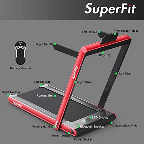 Goplus 2 in 1 Folding Treadmill, 2.25HP Under Desk Electric Treadmill, Installation-Free, with Bluetooth Speaker, Remote Control and LED Display, Walking Jogging Machine for Home/Office Use (Red)