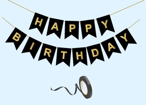 Image of Happy Birthday Decoration Kit Black for Boys Girls Kids Men Women Adults Car Party Decorations Decor Celebration Items Item Set Combo Reusable Paper Banner