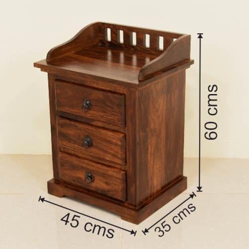 Image of Solid Sheesham Wood Bedside Table for Bedroom | Handmade Pure Wooden Bed Side Nightstand End Table with 3 Drawers Storage for Home & Bed Room | Rosewood, Brown Finish