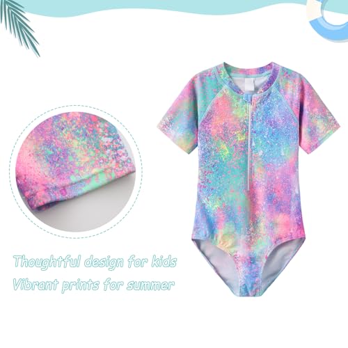 Image of Girls One Piece Rash Guard Swimsuits for Girl Short Sleeve Bathing Suits with Front Zipper Sun Protection Swimwear 3-16 Years