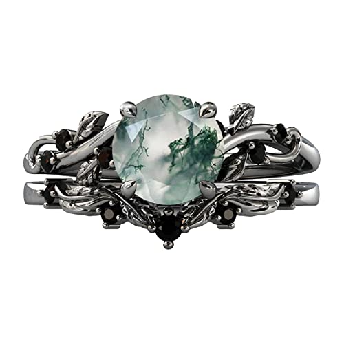 DONGHU 2ct Round Natural Moss Agate Engagement Ring Set Size 9 Sterling Silver Black Gold Plated Inspired Leaf Moss Agate Ring Set Green Agate Ring Set Aquatic Agate Vintage Unique Bridal Wedding Ring Set