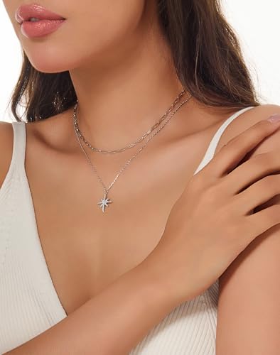 Gold Necklace for Women Dainty Layered Diamond Necklace Trendy 14K Gold Plated Paperclip Choker Necklaces Cute Minimalist Open Oval Star Necklaces Jewelry for Women Gifts