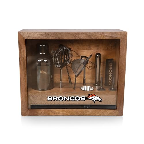 Picnic TIME NFL Denver Broncos Old Fashioned Cocktail Bar Set, Bartender Kit, Shaker Set, Bar Accessories with Wood Gift Box, (Mango Wood)