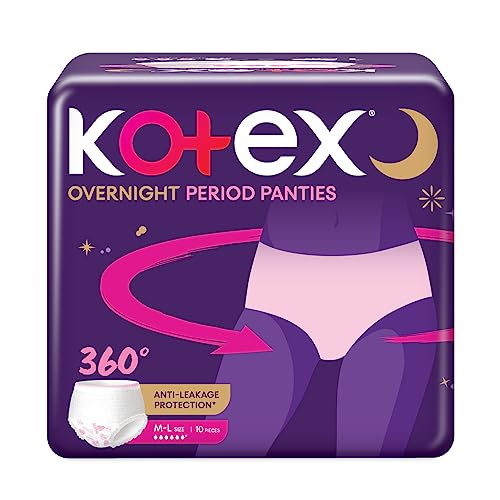 Kotex Overnight Period Panties (Medium/Large size, pack of 10 panties) for heavy flow period protection | with 360 degree anti-leakage design & airy-soft fabric | 1 panty = ~3 regular pads