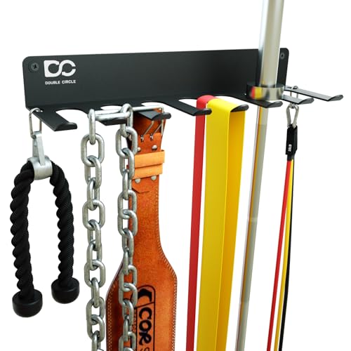 Double Circle Gym Equipment Storage Rack - Multi Purpose Gym Equipment Wall Rack Hanger for Pro Home Gym Storage for Exercise Bands, Barbell Bar, Jump Ropes, Chains, Lifting Belts by Double Circle - Used condition - US$23.98