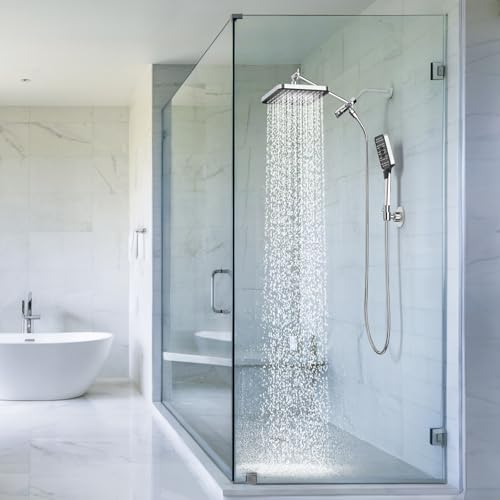 High Pressure Rain Shower Head with Handheld Spray Combo Set, Adjustable 12" Rainfall Dual Shower Head, Double&Tandem Shower Head, Waterfall Showerhead Bathroom -Silver Chrome — view 2
