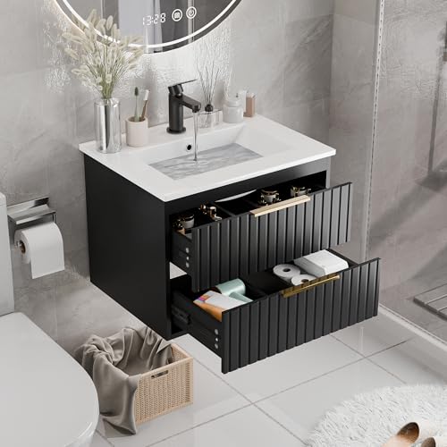 MU 24 Inch Bathroom Vanity with Sink, Floating Bathroom Vanity with 2 Large Drawers and Gold Metal Handles, Modern Wall Mounted Sink Cabinet, Vertical Stripe Design, Heavy-Duty Slides, Black