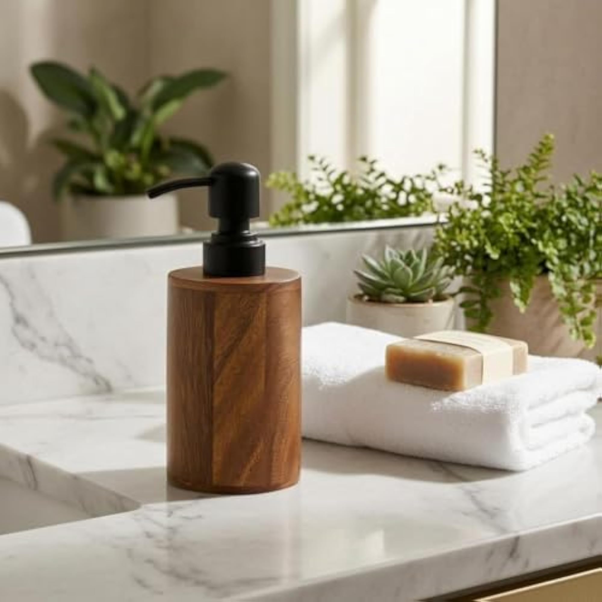 Round Lotion Dispenser Bottle, Natural Wood Look