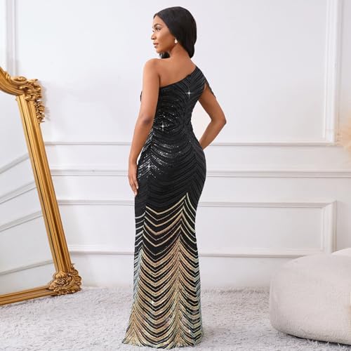 Image of Cololura Women Sequin Elegant Sexy One Shoulder Tassel Mermaid Bodycon Cocktail Evening Dress