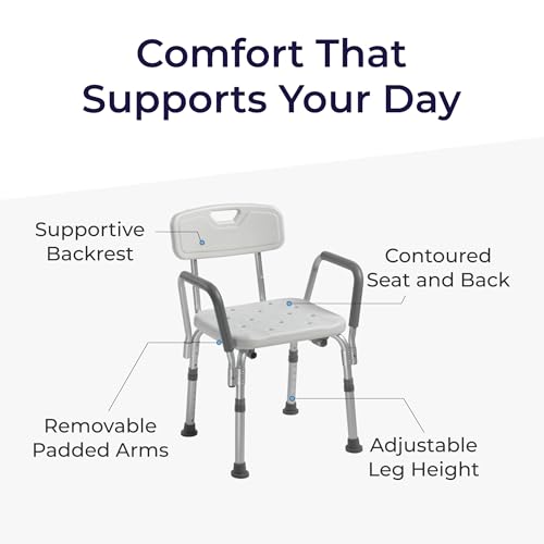 Image of Drive Medical Premium Shower Chair with Back and Padded Arms, White | Shower Chair with Back and Padded Arms, Adjustable Height Seating for Safety and Comfort, Supports 350 Pounds