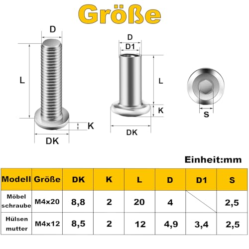20 Stück Verbindungsschrauben M4 x 20mm, Hülsenschrauben, Möbelschrauben, Möbelverbinder Schrankverbinder für Möbeln, Schränken (20 x Möbelschrauben, 20 x Hülsenmutter, 1 x Innensechskantschlüssel)