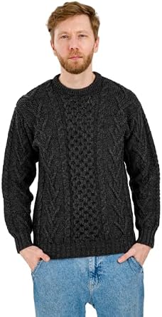 SAOL - 100% Irish Merino Wool Traditional Aran Stitch Crew Neck Pullover Sweater