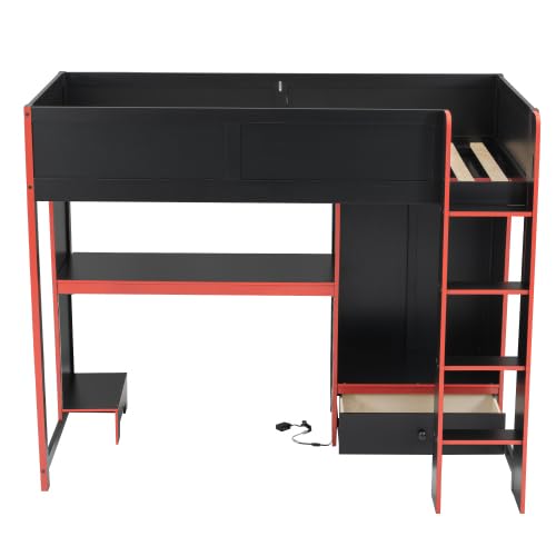 Image of Harper & Bright Designs Twin Size Gaming Loft Bed with Built-in Desk & LED Lights, Wooden Loft Bed with Wardrobe & Storage Drawer, Black
