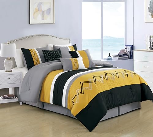 Chezmoi Collection Arden 7-Piece Modern Pleated Stripe Embroidered Zigzag Bedding Comforter Set (California King, Turmeric/Black/Silver Gray/White)