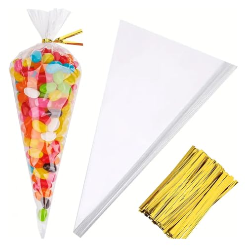 AMERTEER 50pcs Clear Cone Cellophane Bags - clear Cellophane Treat Bags With Twist Ties - Self Adhesive Cookie Bags Gift Bags - Packing Supplies For Party Favor Candy Popcorn Dessert