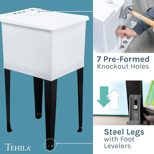 Image of White Space Saver Utility Sink by JS Jackson Supplies, Freestanding Tehila Space Saving Laundry Tub, Black Pull-Down Faucet, Soap Dispenser