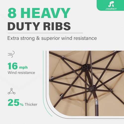 Image of JEAREY 9FT 3 Tier Patio Umbrella Outdoor Market Umbrella Table Umbrellas with 8 Ribs 1.5 Pole Push Button Tilt and Crank UV Protection for Garden,Beige
