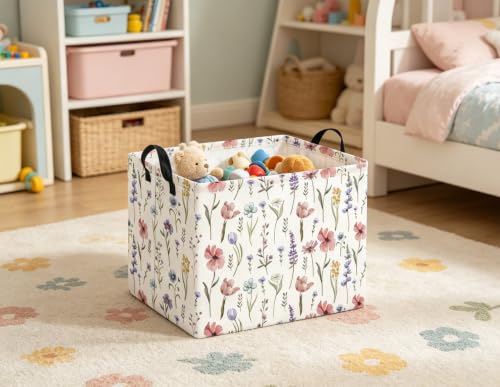 Image of Rectangular Baby Kids Storage Basket for Home Kitchen Girls Cute Toy Storage Bin Organizer Shelf Book Room Decor(Flower)