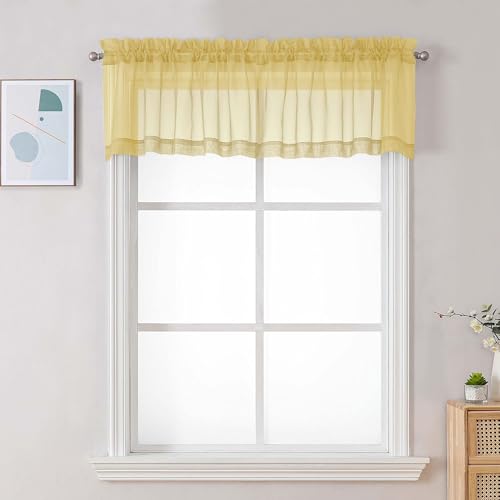 Image of Chyhomenyc Mustard Yellow Sheer Valances for Windows - Light Filtering Small Kitchen Curtains, Short Top Window Treatment Decor for Living Room Bathroom Basement, 42Wx16L inches, 2 Panels