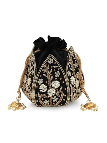 Image of THE TAN CLAN Baag Black Lotus Potli Bag - Handcrafted Silk Pouch with Intricate Zardozi & Lotus Design for Weddings, Bridal Accessories, and Special Occasions