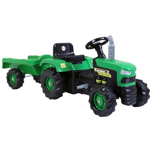 Dolu 8053 Childrens Ride On Easy to Control Tractor with Trailer and Working Horns with Actual Beeping Sound Pedal Power Ride-on & Trailer for Kids Aged 3 to 5 (Green and Black)