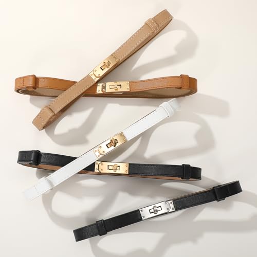 IAKING 3 Pack Women's Skinny Leather Belt Adjustable Thin Belt with Silver Gold Buckle Turn Lock Buckle for Dresses Jeans4