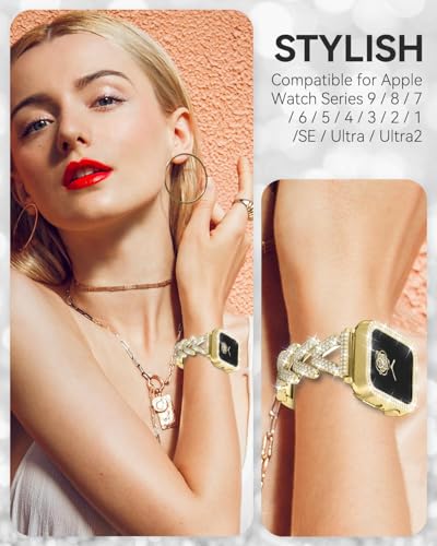 Image of Rhinestones Encrusted Metal Bracelet and Case, Compatible with Apple Watch Bands 38mm-49mm (Series 11 /10 /1 /SE /Ultra 2)- Bling Gold Women's Jewelry Strap, Luxury iWatch Bracelet