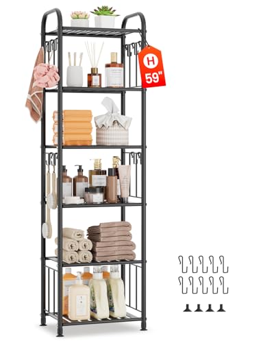 PouHenier.jh 6 Tier Tall Metal Narrow Skinny Shelf Free Standing for Bathroom, Thin Shelving Unit for Pantry or Kitchen, Slim Open Tower Rack with 10 Hooks, Space Saving and No Tools Assembly (Black)