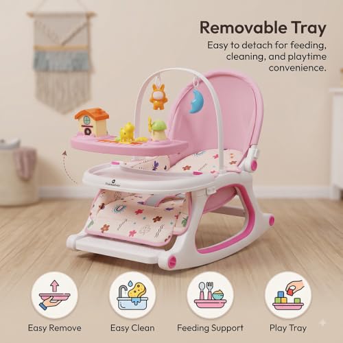 Image of StarandDaisy Dreamy Baby Rocker Chair with Play Tray, Mosquito Net & Toy Bar | Adjustable Recline, 3-Point Safety Harness | Infant Rocking Seat, Feeding Chair for Newborns & Toddlers 0-3 Years (Pink)