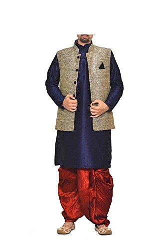 Image of Men Navy Blue Kurta Red Dhoti with Silk Grey Waistcoat Jacket