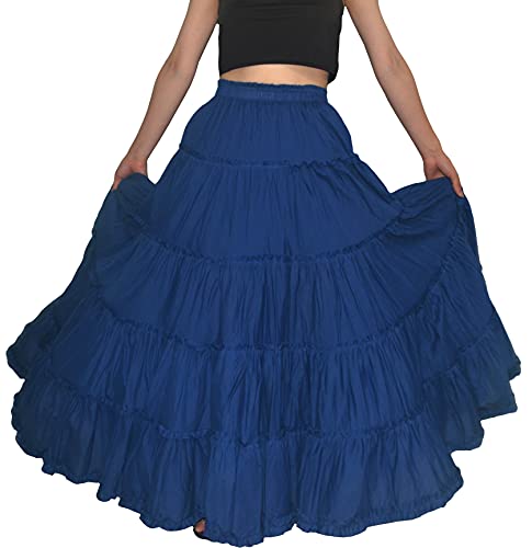 YSJERA Women's Cotton 5 Tiered A Line Pleated Maxi Skirt Long Boho Gypsy Dance Skirts (L,Navy Blue)