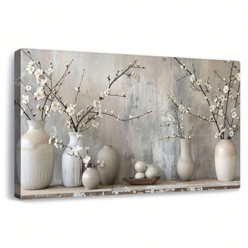 Toile florale prunier blanc 70x140 cm pour habiller un mur vide gris