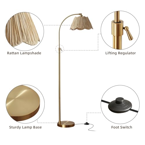 Image of 64'' Adjustable Arc Floor Lamp with Natural Rattan Woven Shade