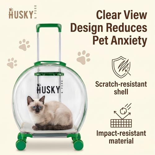 Image of Husky & Purr PopGo Pet Carrier with Wheels for Cats & Small Dogs | Transparent Cat Bag Carrier Trolley with Telescopic Handle | Dog Carrying Bag, Up to 8kgs, Green