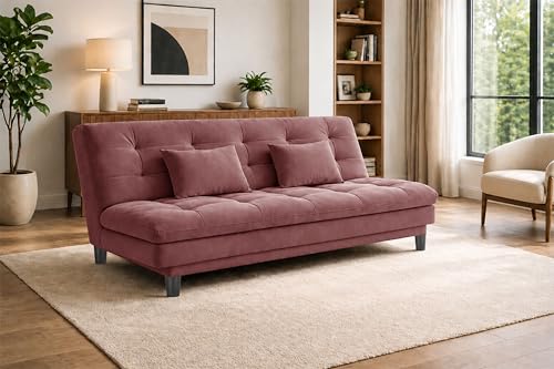 Image of 3-Seater Velvet Sofa Cum Bed, Tufted Convertible Sleeper Couch Space-Saving Design, Comfortable Cushioned Seating - Rose Pink Color