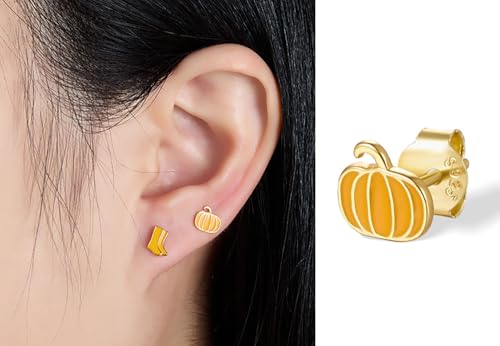 Cute Pumpkin Tiny Small Stud Earrings 925 Sterling Silver Cartilage Tragus Hypoallergenic Enamel Studs Earring Dainty Halloween Thanksgiving Autumn Fall Party Jewelry Gifts for Women Daughter2