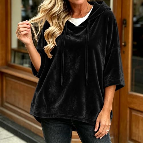 YMADREIG Womens Oversized Velvet Hoodies 3/4 Sleeve Velour Sweatshirt — view 4