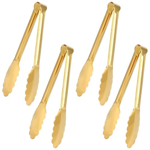 4 Pack Gold Tongs for Serving Food, 9 Inch Serving Tongs, Gold Buffet Tong Stainless Steel Utensils, Metal Kitchen Tong for Salad, Steak, Appetizer, Snack and Small Food (GOLD, 9INCH)