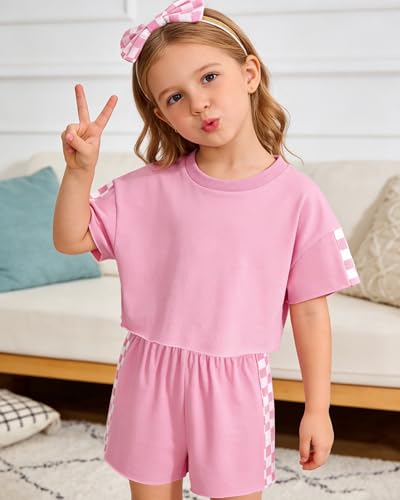 Image of SANMIO Toddler Girl Clothes Summer 3 Piece Outfits Cute | Short Sleeves Checkered Tops Shorts and Headband Girls Clothing Set