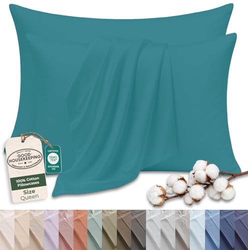 Image of Royale Linens 100% Cotton Pillow Cases Queen Size Set of 2 - Percale Pillowcase - Teal Pillow Cases Super Soft Cooling & Breathable Hotel Cotton Pillowcases, Fits Queen Pillows (20 inchx30 inch, Teal)