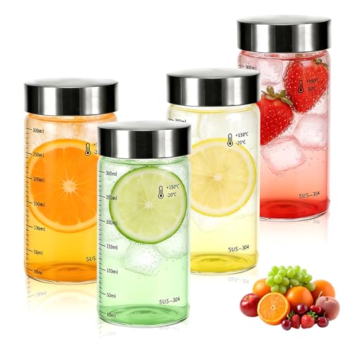 Zippicks 4er Glasflaschen 300ml mit Edelstahl Decke, Smoothie Gläser Sets mit Messskala, Smoothie Becher BPA-frei, Saftflaschen luftdicht