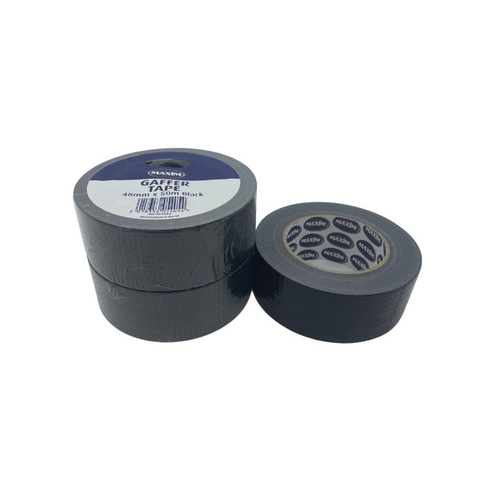 Maxim Black Gaffer Tape - Heavy Duty & Super Sticky Ultra Strong Waterproof Duct Tape, Adhesive Cloth Tape - 48mm x 50 Metres (3)