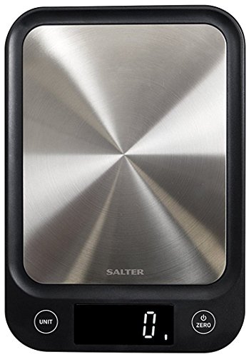 SALTER Digitale keukenweegschaal roestvrij staal, elektronische weegschaal voor keuken, slank design, nauwkeurig wegen, metrisch + imperiaal, vloeistoffen in ml + fl. oz., nauwkeurige meting tot 5 kg
