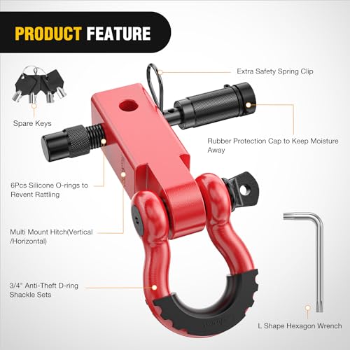 Image of Nilight Anti-Theft Shackle Hitch Receiver 2Inch 45000 LBs Breaking Strength 3 /4 inch Anti-Theft D Ring Shackle 5 /8 inch Trailer Hitch Lock Pin Heavy Duty Solid Towing Kit for Trucks Off Road (Red)